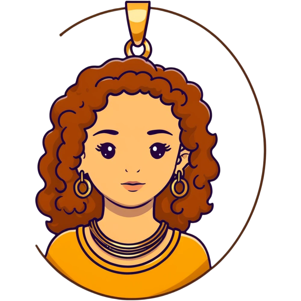 Attractive Greek woman with freckles, long curly amber-brown hair, gold hoop earrings and small necklace emoji