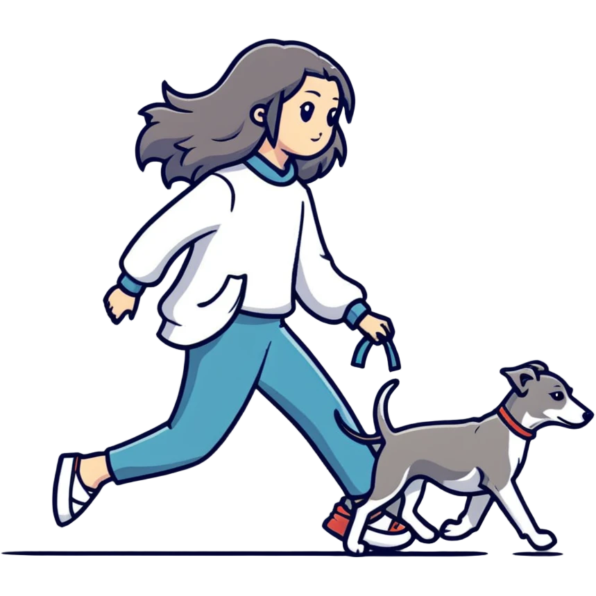 Japanese girl with flowing hair walking a grey greyhound emoji