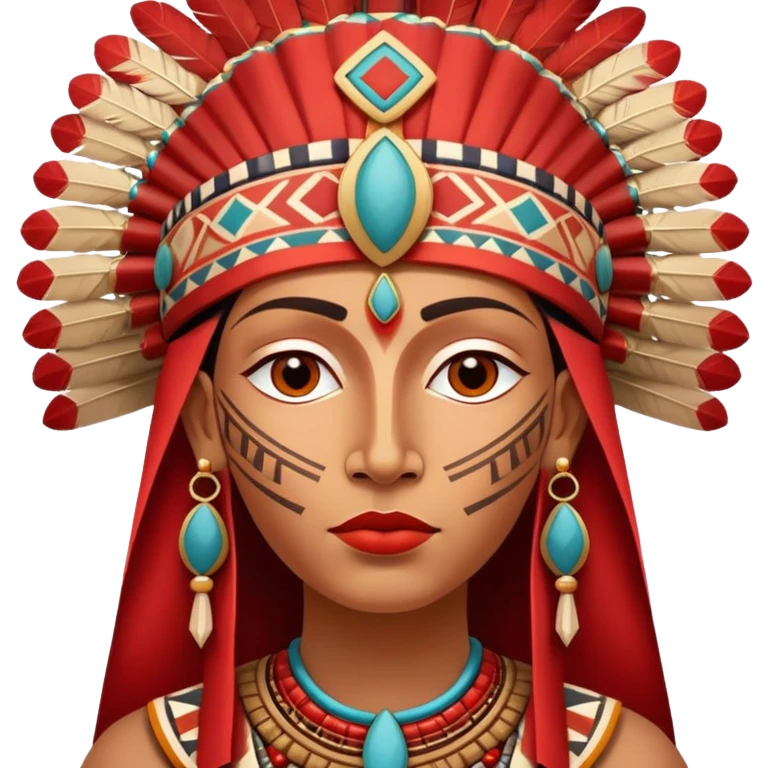 Create an emoji of a wise and calm face inspired by the Paracas culture. Include geometric textile patterns, vibrant red and ochre colors, and ceremonial headdresses. The emoji should reflect ancient wisdom and serenity, in the style of pre-Columbian art. emoji