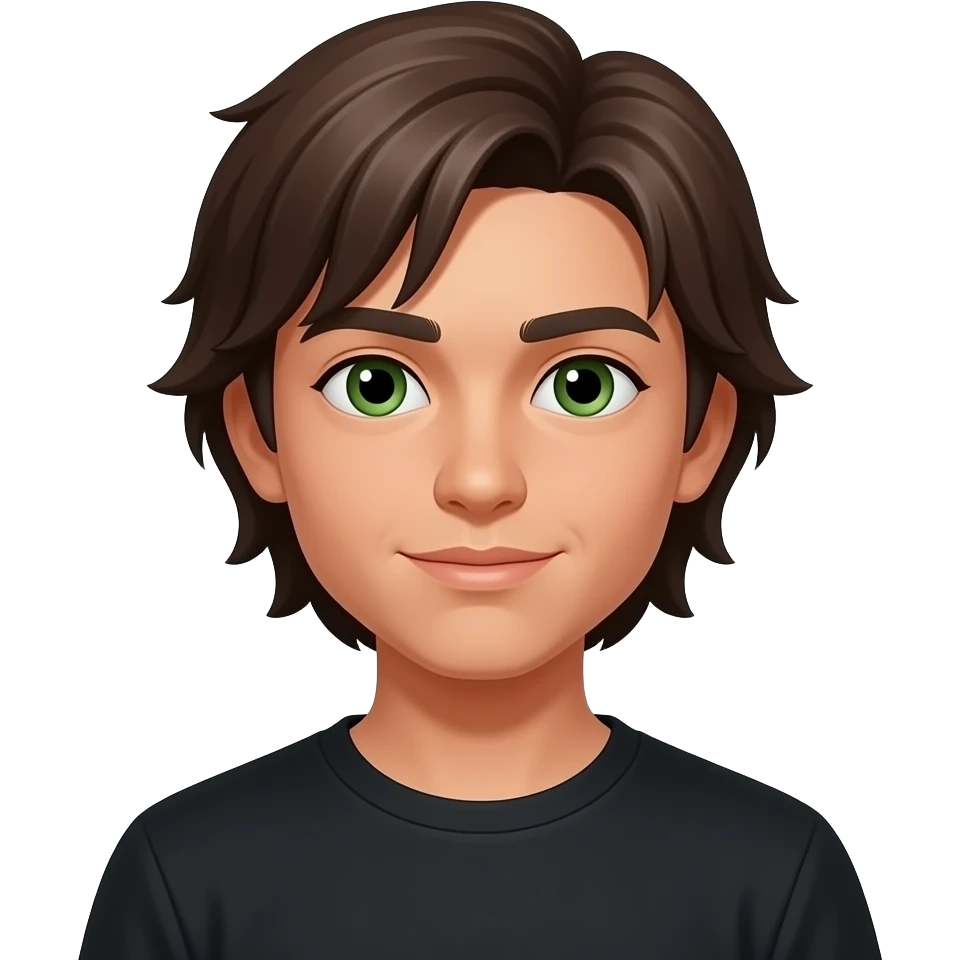 eys color green, ethnicity mexican, brown hair, mullet hair style, age 16 but looks older, oval face years old, black shirt emoji