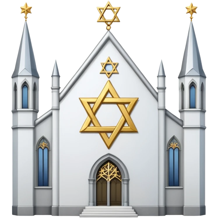 reform jewish synagogue similar in architecture to historical religious architecture in europe. the building should be white with silver/golden features, gothic architectural elements and star of david. no crosses. the emoji should be in ios emoji style. emoji