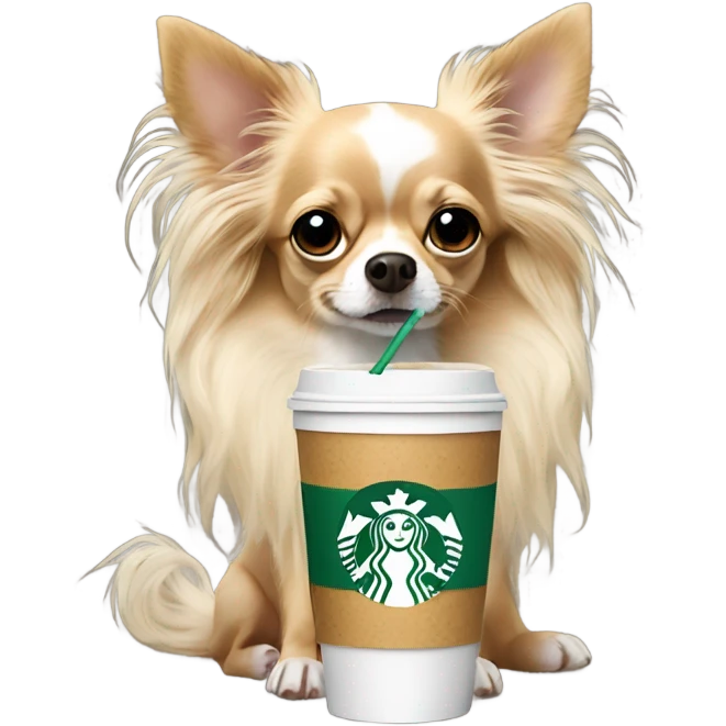 Spotted chihuahua long hair drinking Starbucks  emoji