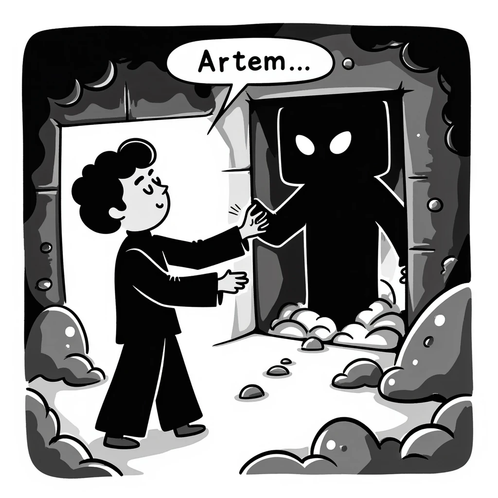 Scary Minecraft Enderman attacking player with username "Artem" floating text, in the dark End dimension with end stone emoji