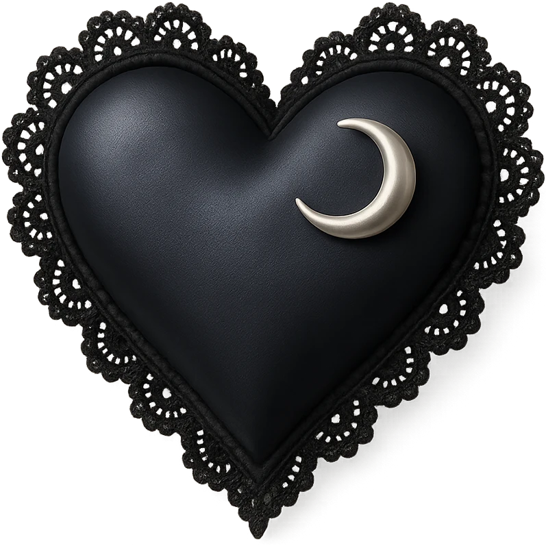 3D black style gothic heart, midnight blue satin texture, silver crescent moon charm, black lace trim, mysterious and elegant gothic design emoji