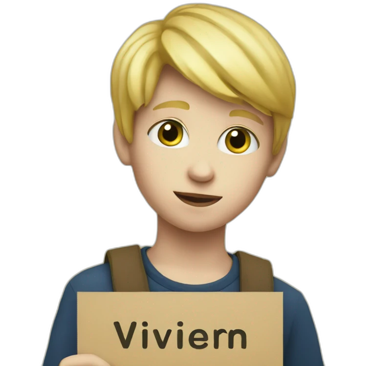 a young blond boy holding a sign "Vivien" emoji