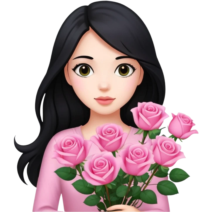 A beautiful girl with long black hair holding a bouquet of pink roses emoji