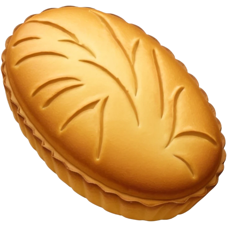 A madeleine pastry. Oval shaped with vertical lines going in the same direction as the oval. Light golden brown. Scalloped edge. Cookie. emoji