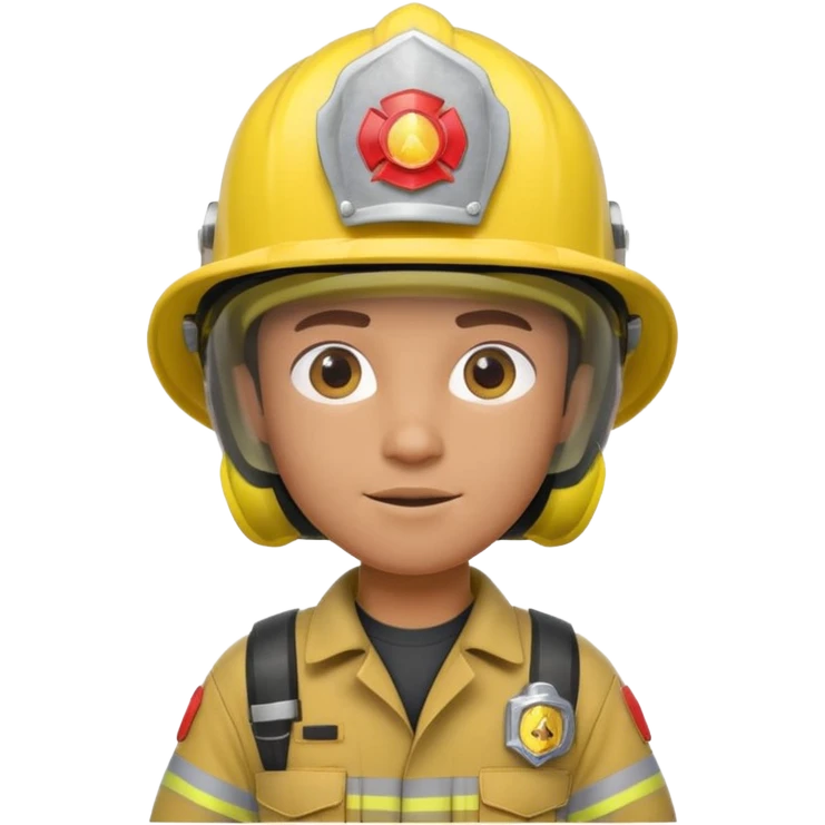 3D cartoon-style firefighter in the Apple emoji style, wearing a bright yellow helmet and fireproof uniform, front-facing, soft lighting, white background. emoji