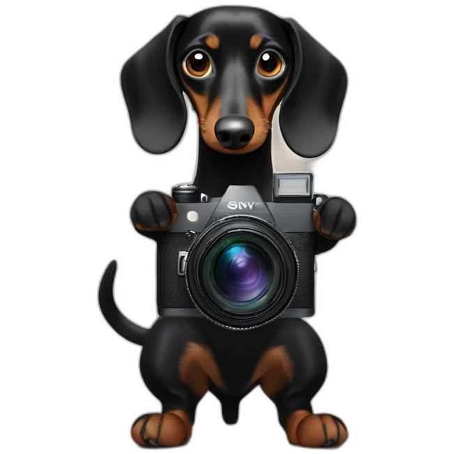 a black dachshund dog holds a SONY camera in its front paws emoji