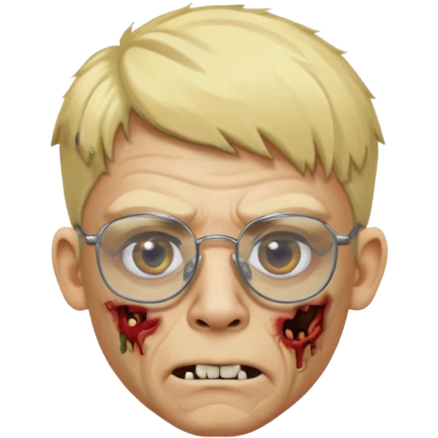 faça um homem zumbi loiro, usando óculos sem aro e com 1 brinco em cada orelha, estilo ponto de luz emoji