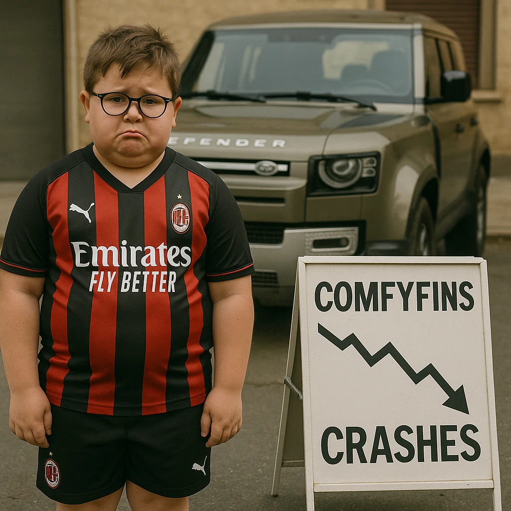 A chubby kid with glasses, dressed in an AC Milan football kit, standing in front of a Land Rover Defender, looking sad as his business 'ComfyFins' crashes, conveying disappointment and business failure emoji