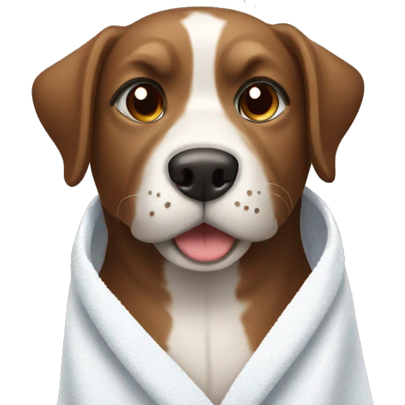 Brown and white dog wearing towel emoji