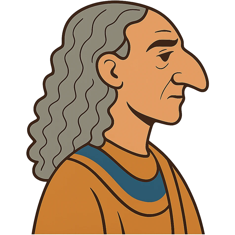 flat toon style profile portrait of an Egyptian historian with long curly grey hair, wearing an Egyptian cloak, large aquiline nose emoji