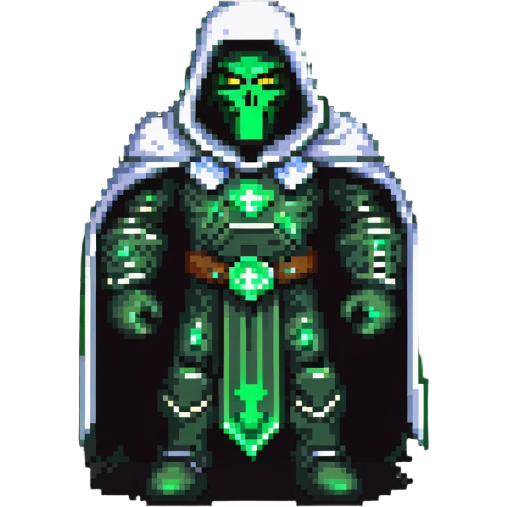 Doctor Doom standing menacingly with bright green glowing eyes emoji