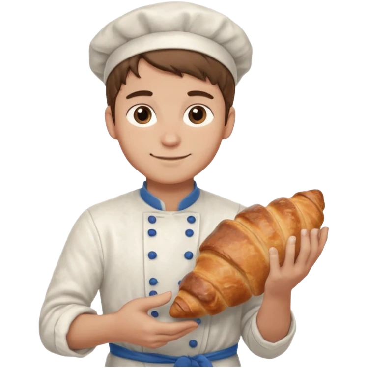 Young male baker – holding a croissant, flour on clothes

 emoji