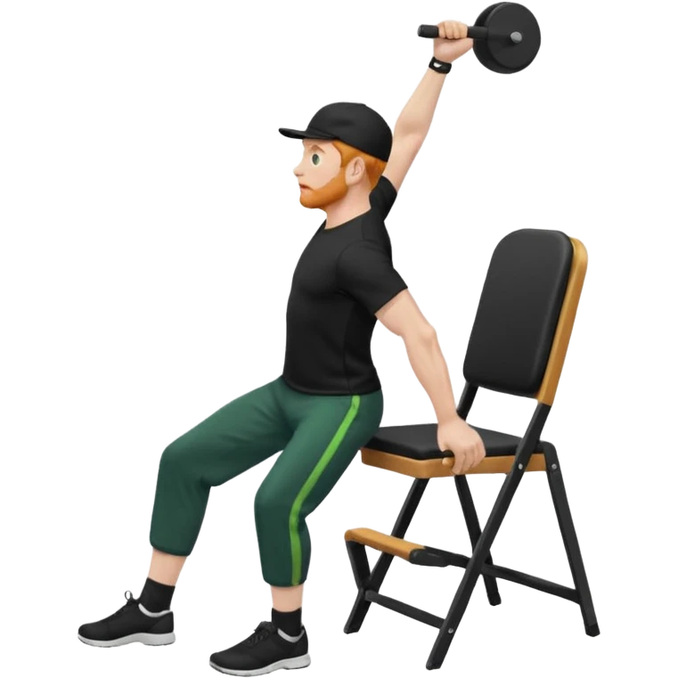 גבר זקן ג'ינג'י מלא כובע שחור הפוך חולמה שחורה ומכנסיים ירוקות ארוכות מבצע תרגיל לאנג' בתמיכת כיסא מהצד שתי רגליים על הרצפה מח^זיק כיסא בידו  תמיכה קלה ידו על משענת הכיסא emoji