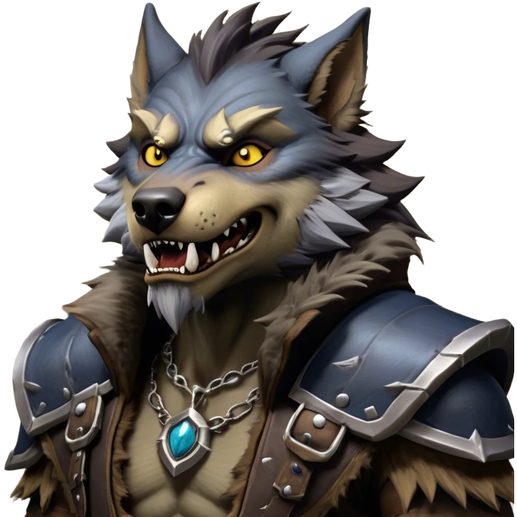 Cinematic Realistic WoW Worgen Portrait, head tilted dramatically with an exaggeratedly amused expression, blending ferocious beastliness with a touch of unexpected humor. His rugged fur, tanned skin, and worn leather garments are rendered with meticulous detail and dynamic lighting, high shine, dramatic yet whimsical, capturing the essence of a worgen whose epic might is tempered by a playful, irreverent charm. emoji