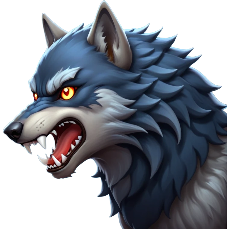 cinematic-noble-fierce-werewolf-howling-portrait-emoji, poised-and-imposing, with a fierce wolfish face tilted upwards in a haunting howl, glowing eyes full of primal ferocity, sharp, elongated fangs bared, and a rugged snout, fur rippling in shades of midnight black and silver, muscles tensed as the powerful howl echoes beneath the moonlit sky; rendered with realism, capturing the raw, untamed power of the beast in its wild, primal state emoji