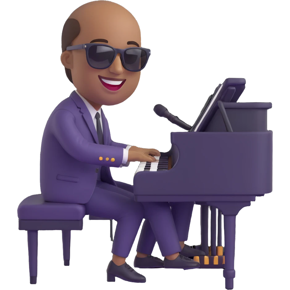 Stevie Wonder emoji, playing piano, sunglasses, big smile emoji