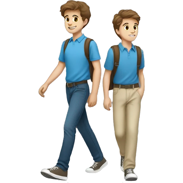 two boy student with brown hair and blue shirt walking  emoji