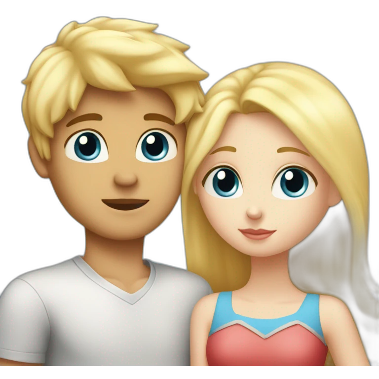 A blond boy with blue eyes who kisses a pretty blonde girl with blues eyes,  with a heart above their heads  emoji