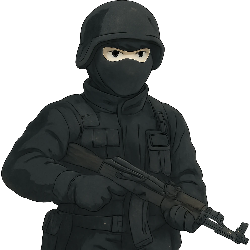 ghibli style armed figure in all-black military clothing, shiesty mask, and helmet emoji