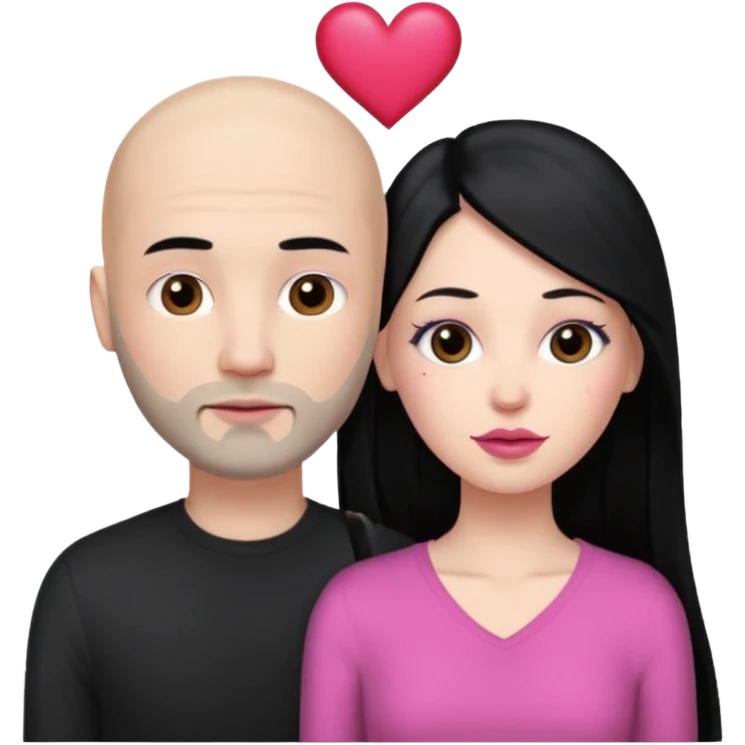 👩🏻‍❤️‍💋‍👨🏻 this one but the man should be bald. white woman with long black hair and white bald young man whoitiut hair and a heart between their heads. she has pink lips and both have brown eyes. he has e full beard but short. both wear black emoji