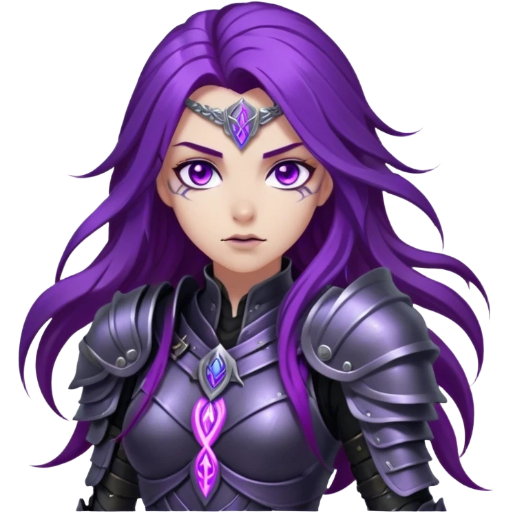 A mysterious warrior girl with long, flowing purple hair catching the dim light. Her glowing violet eyes stare forward, unwavering. She wears sleek black armor, adorned with silver runes that pulse faintly with hidden power. A dark mist swirls at her feet, hinting at the energy she commands. emoji