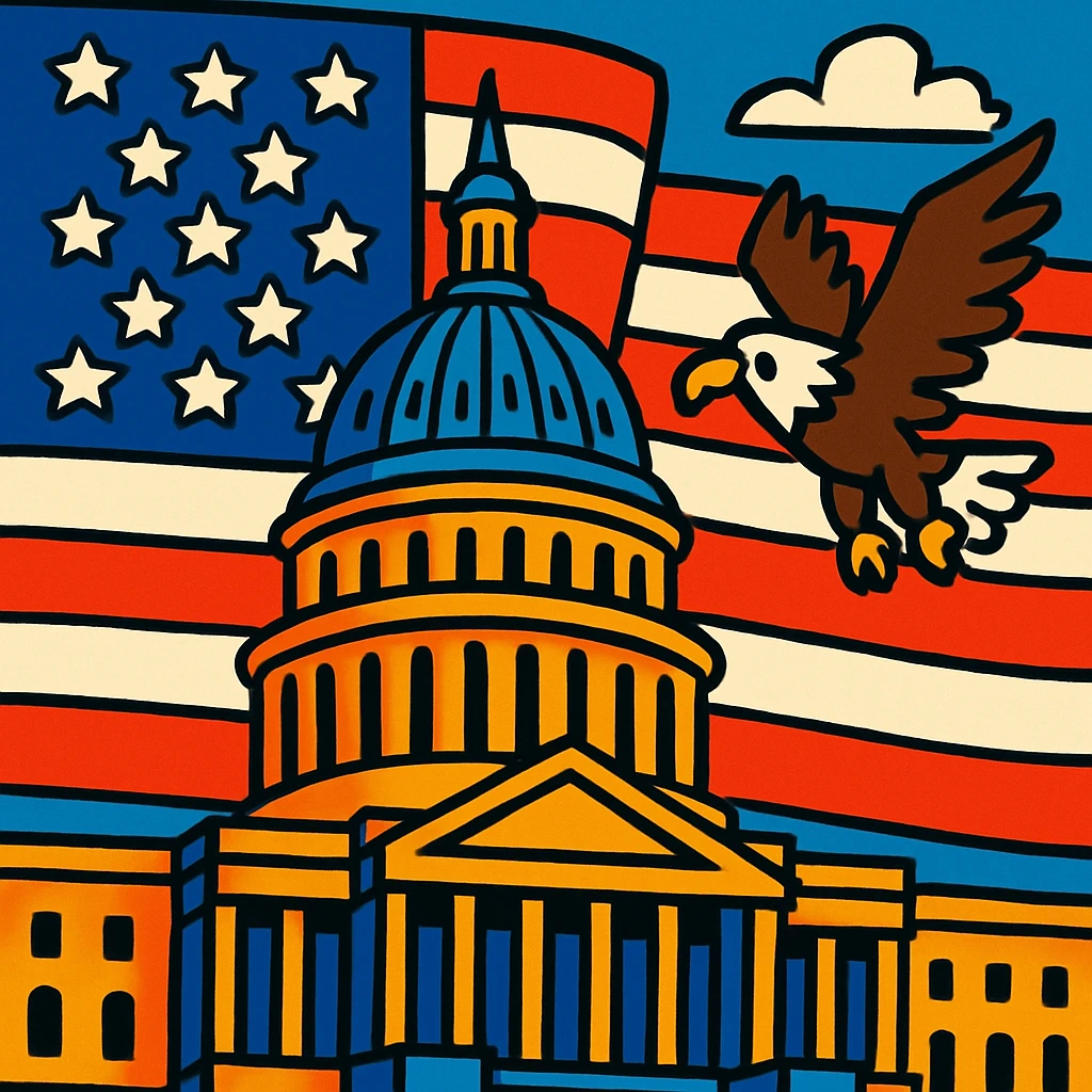 the US Capitol building with the American flag in the background and an eagle flying, in a bold cartoon style emoji