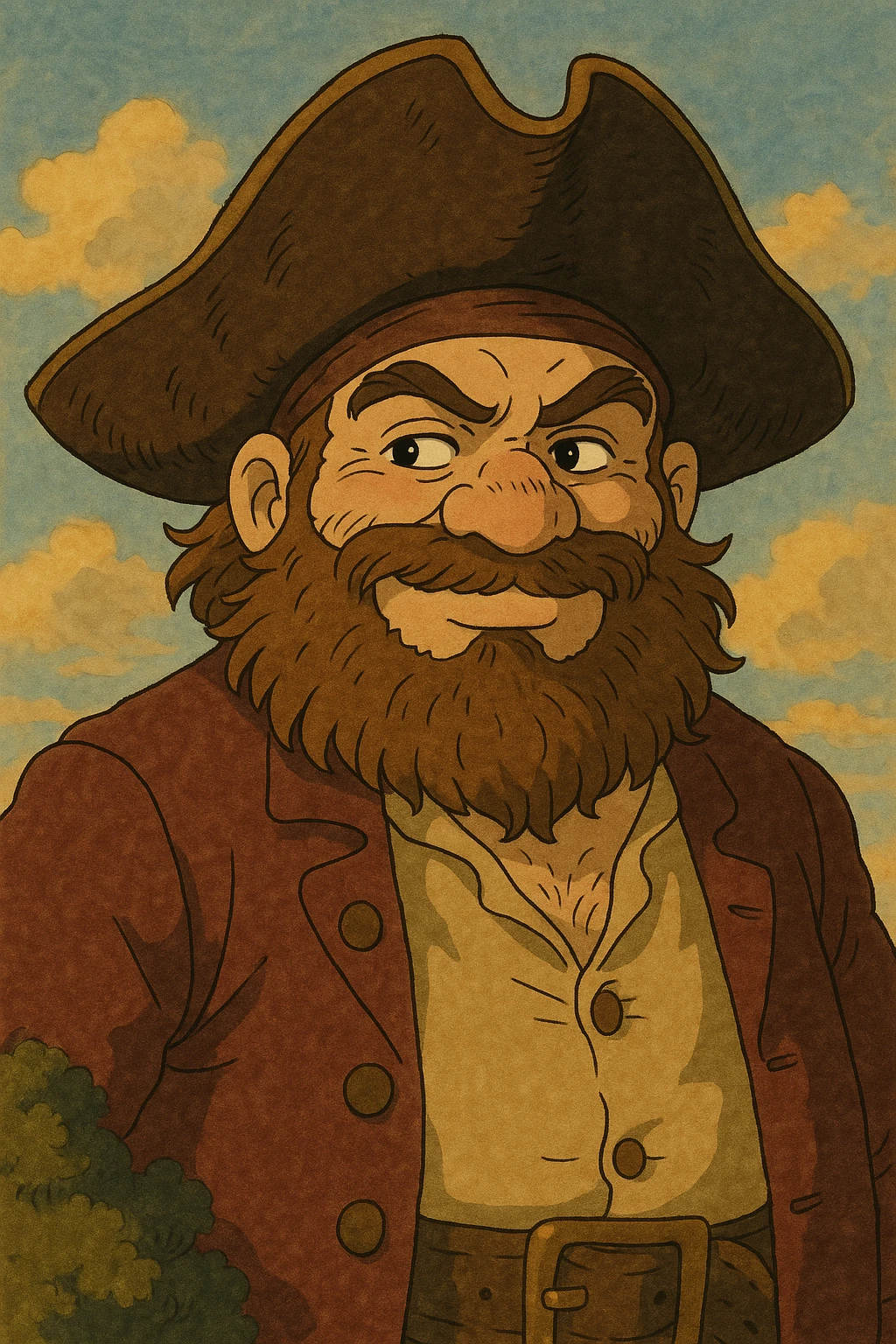pirate with a smirk, bushy beard, tricorn hat, subtle smile, ghibli style emoji