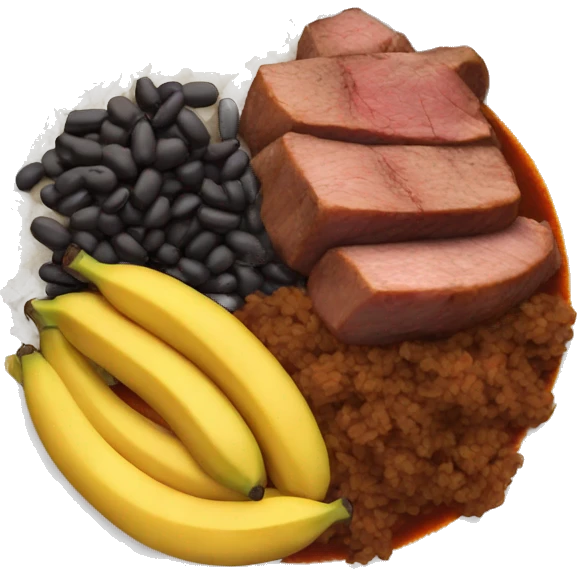 A plate with cooked meat in sauce , rice and sweet plantains and black beans emoji