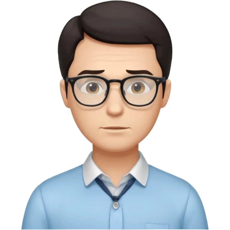 Мужчина в очках с тонкой оправой, аккуратные волосы, нейтральное выражение лица, рубашка с расстёгнутым воротом, образ интеллектуальный и неброский. emoji