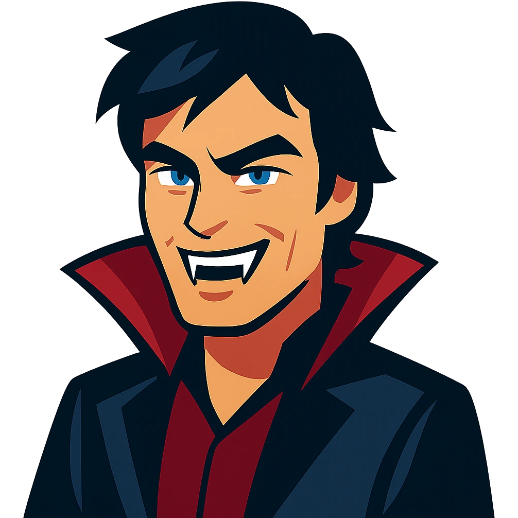 Damon Salvatore as a vampire with dark hair, blue eyes, fangs, confident grin emoji