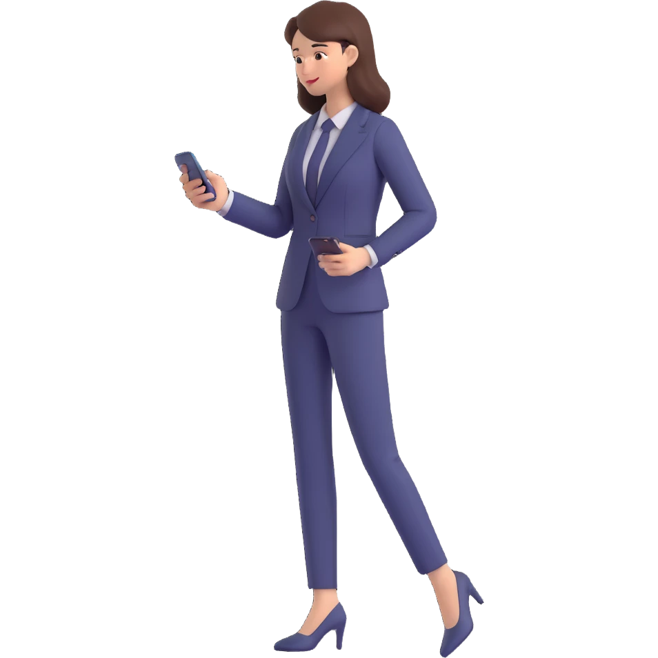 3D image of a professional woman in a suit, using her phone, dynamic posture, clean background emoji