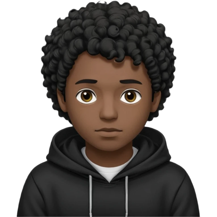 Emoji with guy with curly black hair and short quiff hairstyle, he is looking similar to music artist Central Cee, wear black t-shirt and black hoodie with hood pulled on his head. Looking straight at us, without deforming his face emoji