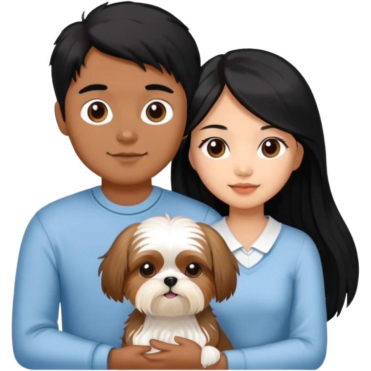 A beautiful Asian girl with long black hair is holding a small yorkshire Terrier. She is standing next to her brown skinned boyfriend, who is holding a white Shih Tzu. They are each holding one dog each emoji