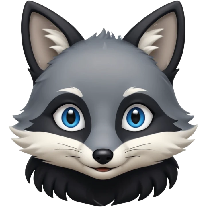 Grey furry fox with a black coat, blue eyes, and a small fringe of black hair, smiling emoji