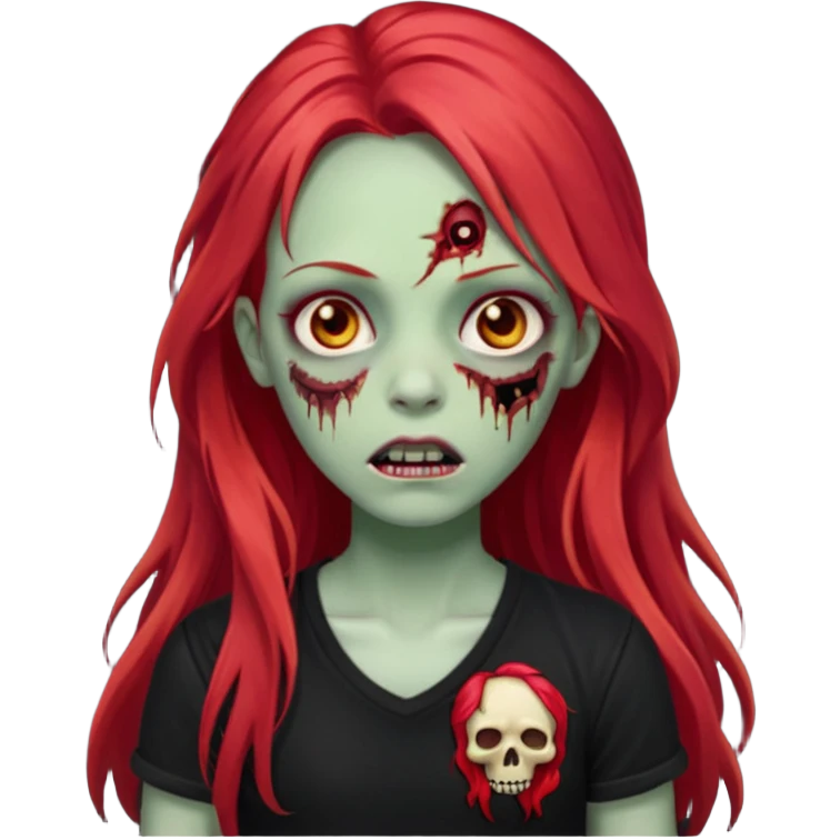 zombie girl with long red hair with black shirt that says lei emoji