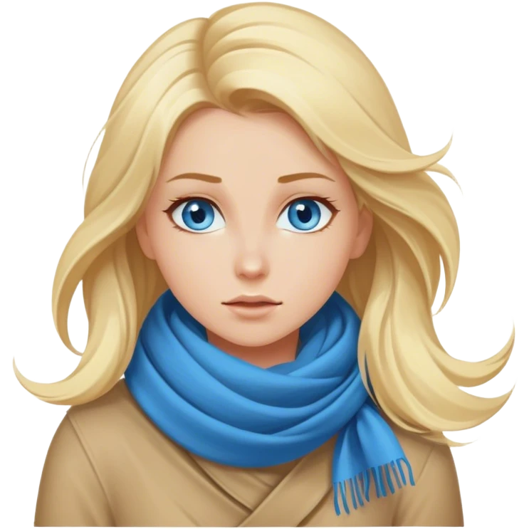 Cinematic realistic blonde with blue eyes, wrapped in a scarf, hair blown away by the wind emoji
