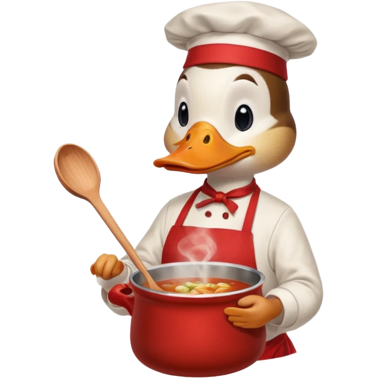 A duck wearing red apron stirring soup in a small pot, looking very focused. emoji