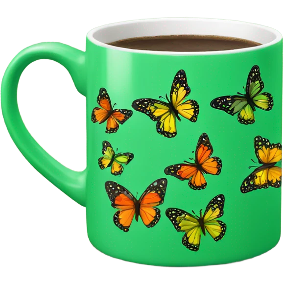 Green coffee mug with butterflies emoji