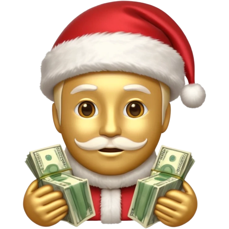 A confident rich emoji face wearing a Santa hat, money stacks, casino vibe, New Year theme, premium 3D emoji style, sharp details, no text, isolated on transparent background emoji