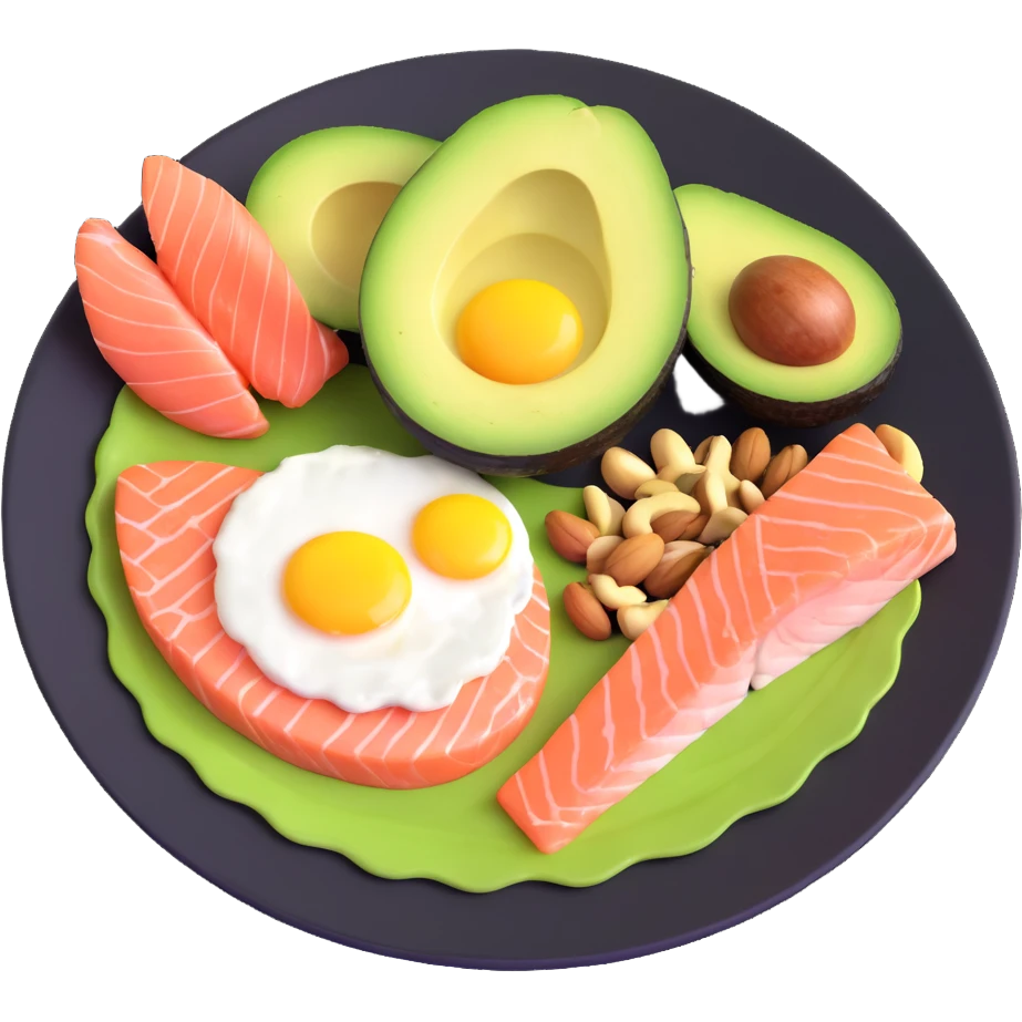 plate with typical keto foods: avocado, eggs, salmon, and nuts emoji
