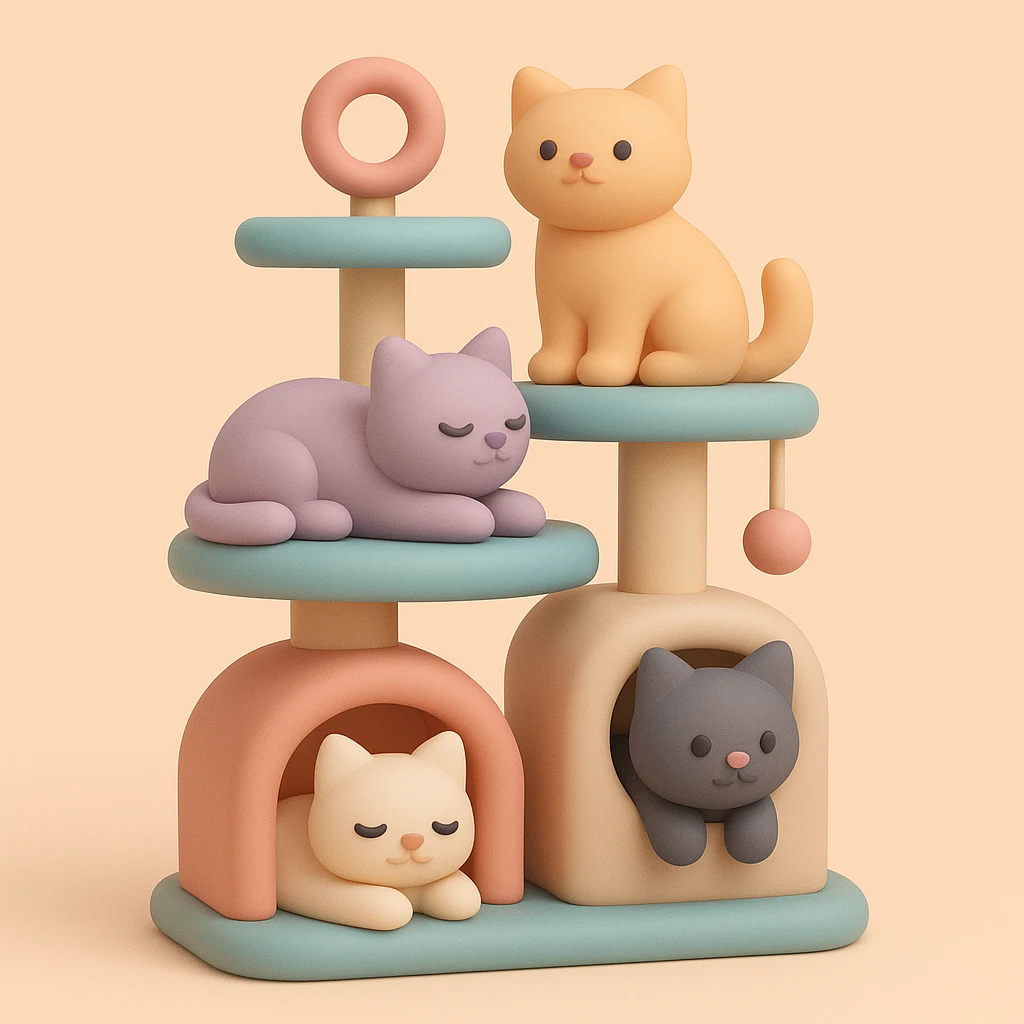 cats relaxing in a vertical playhouse emoji