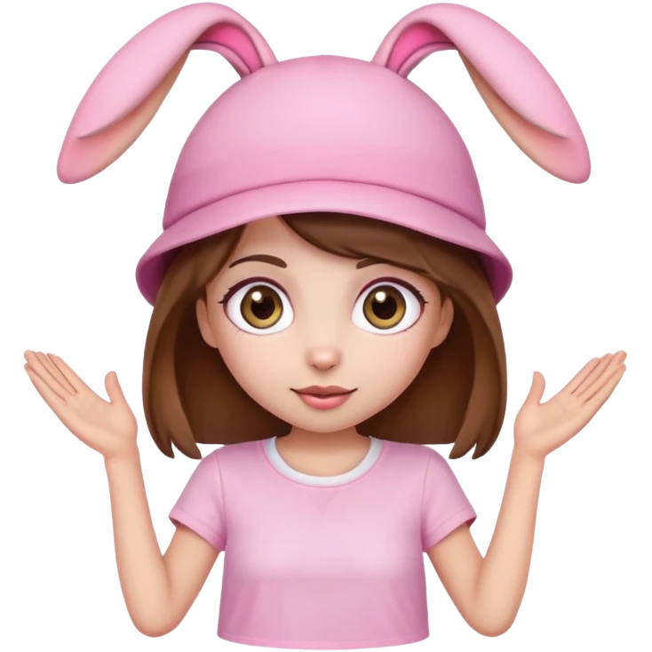 Cute emoji girl with big eyes, brown hair, bunny ear pink hat, white t-shirt and pink shorts. emoji