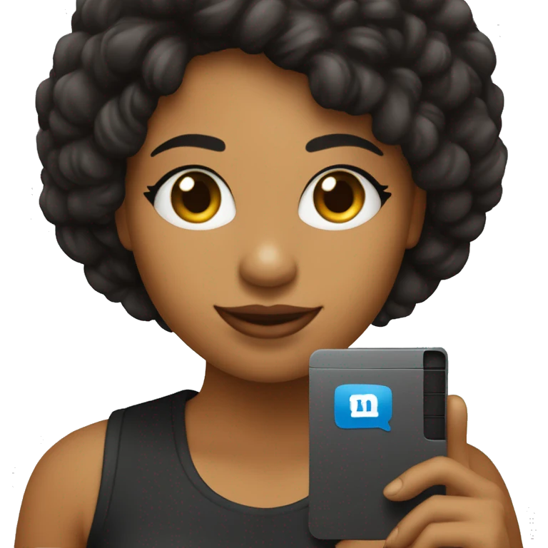 Chica pelo corto negro con ordenador en la mano donde se ve el logo de linkedin  emoji