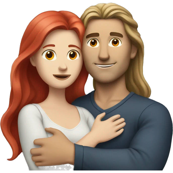 White Man with long hair hugging a white red hair woman emoji