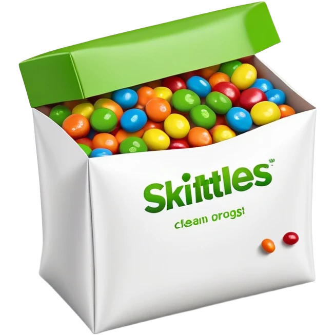 Minimalist top-down view of an open Skittles package with green candies spilling out. Simple rainbow colors on package, clean design. emoji