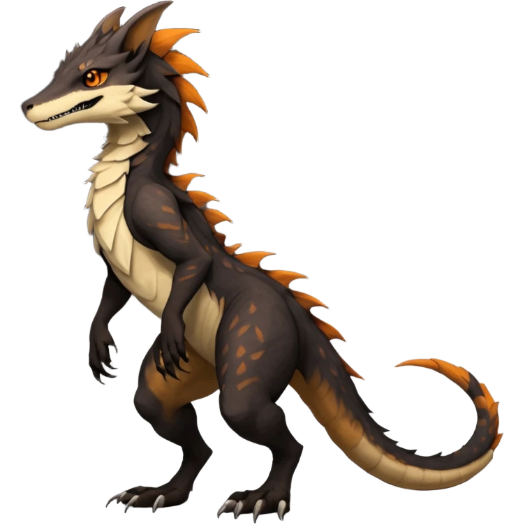 Brown and beige badass elegant wild beautiful natural cute badass epic exotic anthro modern furry 2-legged sergal-vernid-Salandit-creature, full body, dark-brown-black-gradient pretty hair, with a long tufted tail, beautiful hazel-orange eyes, aesthetic, art by LiLaiRa, art by art by Falvie emoji