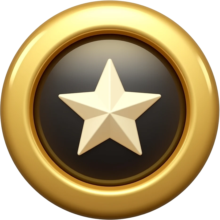 Glossy 3D golden one layer circular badge with a glowing ring, dark center, and a soft cream five-pointed star in the middle, minimal, shiny, high contrast on black background. emoji